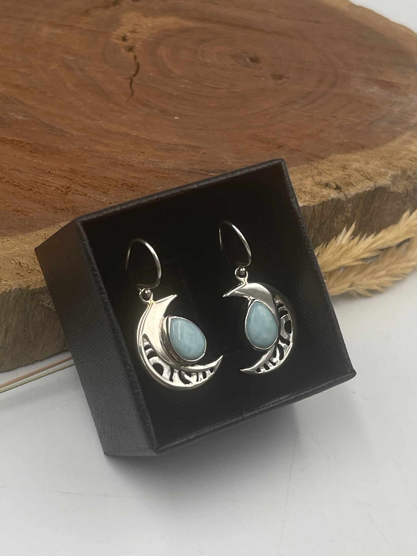 Larimar Moon Cresent Sterling Silver Earrings