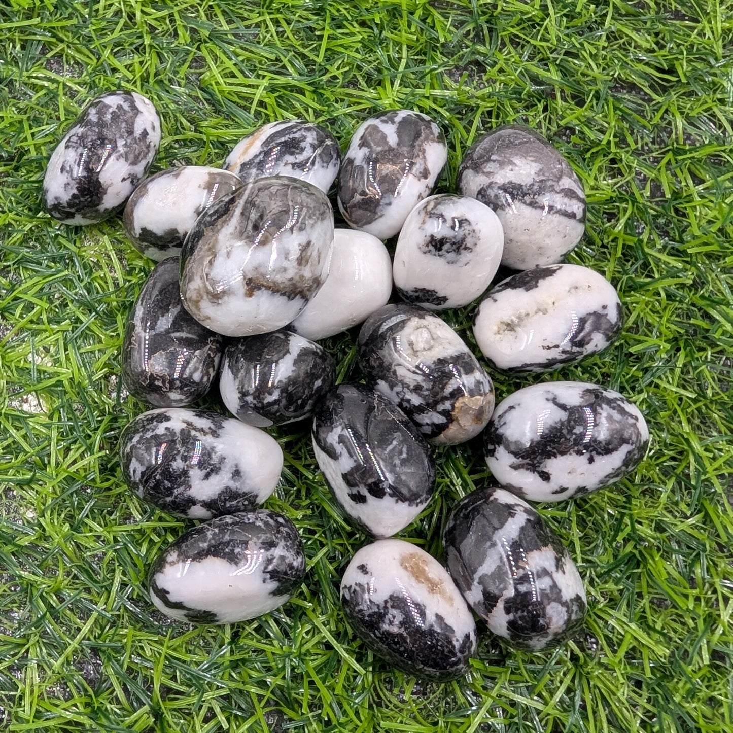 Collection of black and white stones on green grass