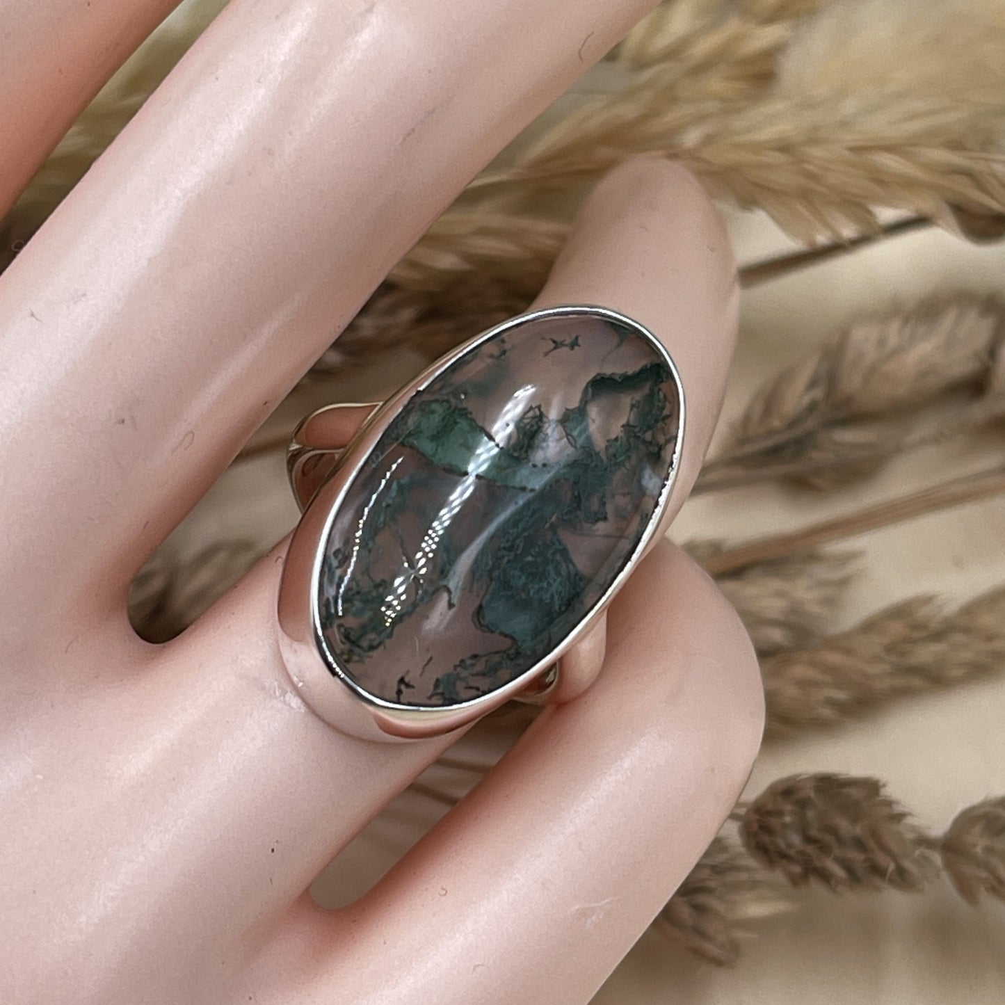Moss Agate Sterling Silver Ring (Size 7)
