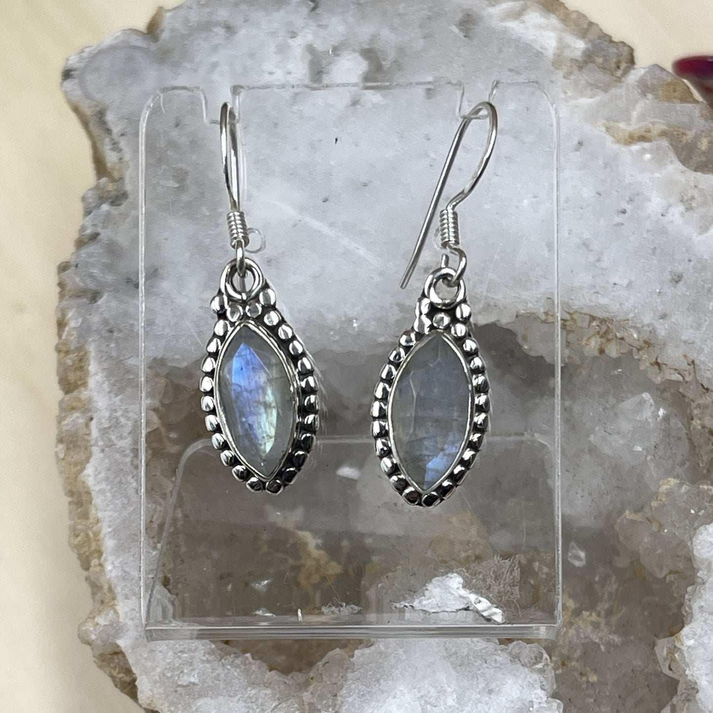 Rainbow Moonstone Teardrop Sterling Silver Filigree Earrings