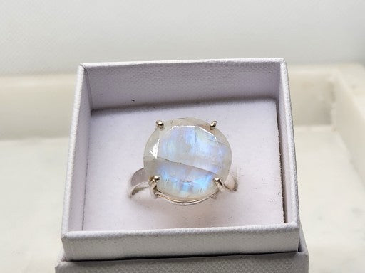 Rainbow Moonstone Faceted Sterling Silver Ring