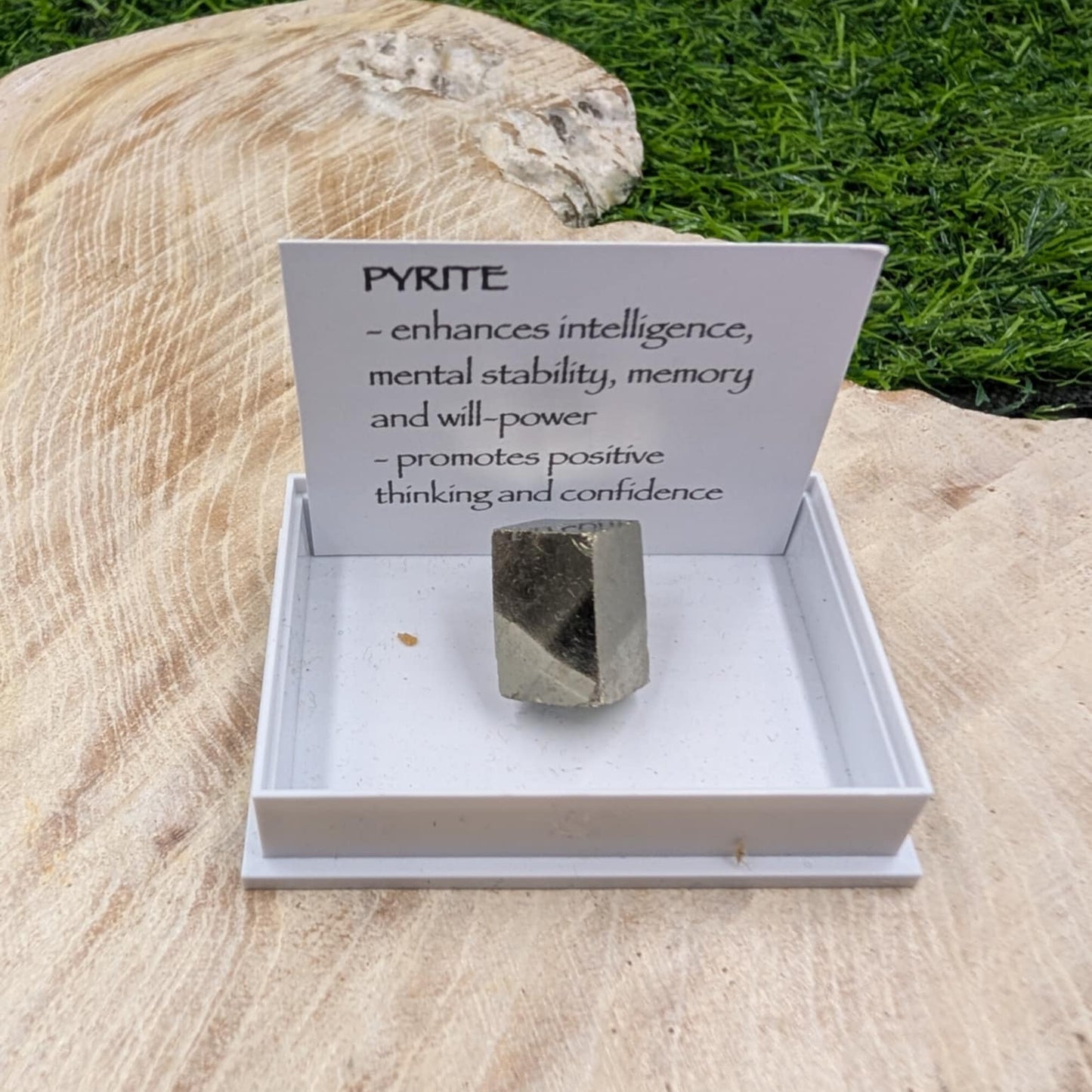 Pyrite crystal in a display box with a card explaining its properties on a natural background.