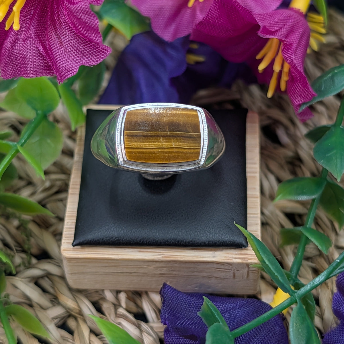 Tiger Eye Sterling Silver Unisex Ring (Size 14)