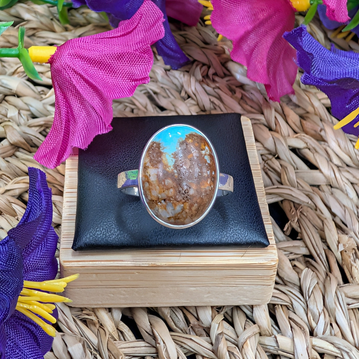 Tibetan Turquoise & Copper Sterling Silver Ring (Size 9)