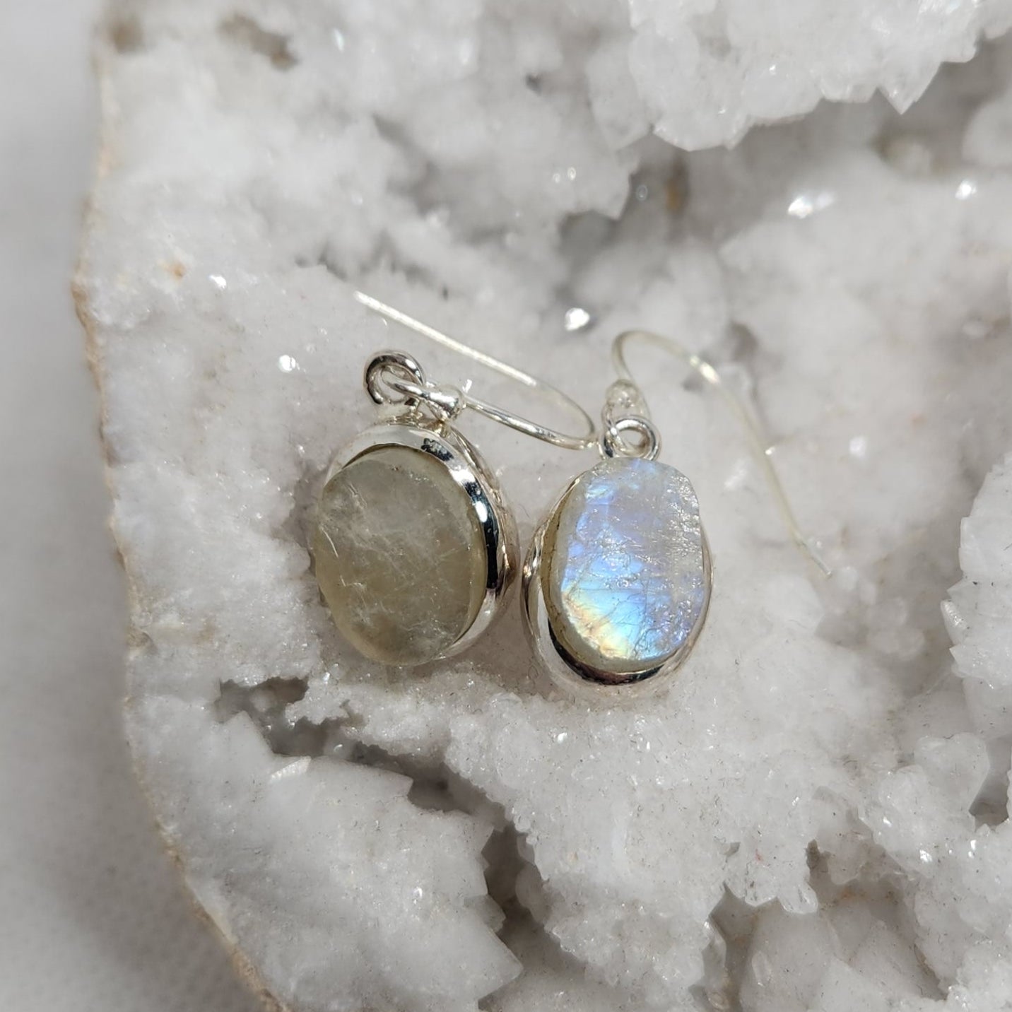 Rainbow Moonstone Raw Sterling Silver Earrings