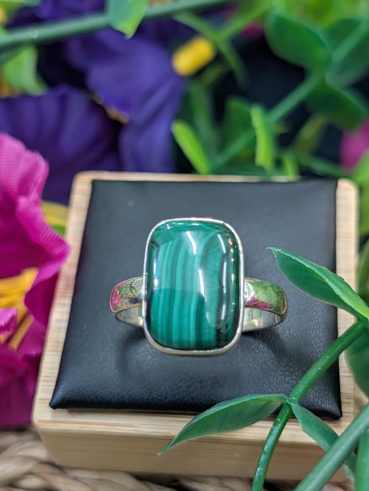 Malachite Sterling Silver Round Rectangle Ring