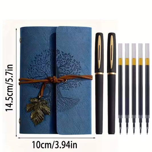 8pcs Vintage Spiral Notebook and Black Golden Pen Set