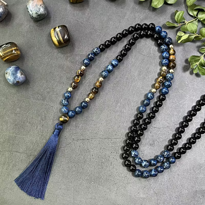 Handcrafted 108 Tiger Eye & Agate Mala Necklace