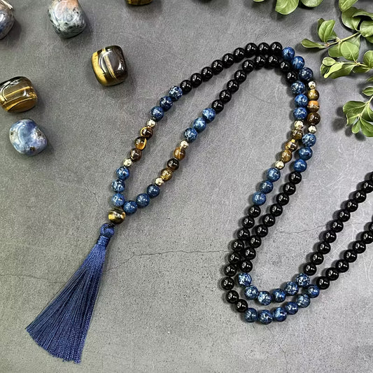 Handcrafted 108 Tiger Eye & Agate Mala Necklace