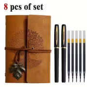 8pcs Vintage Spiral Notebook and Black Golden Pen Set