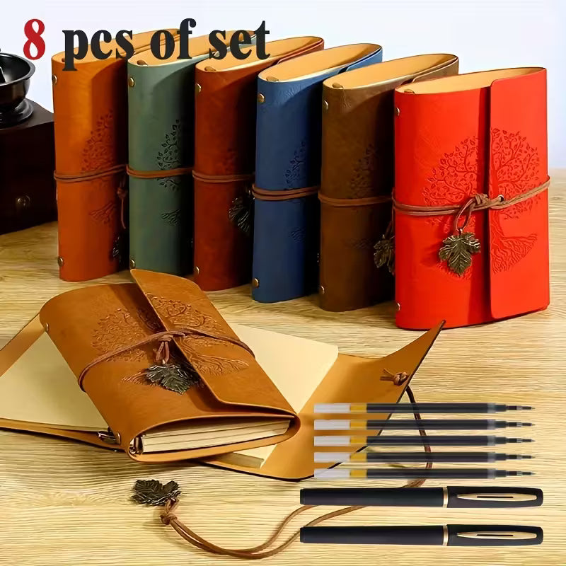 8pcs Vintage Spiral Notebook and Black Golden Pen Set