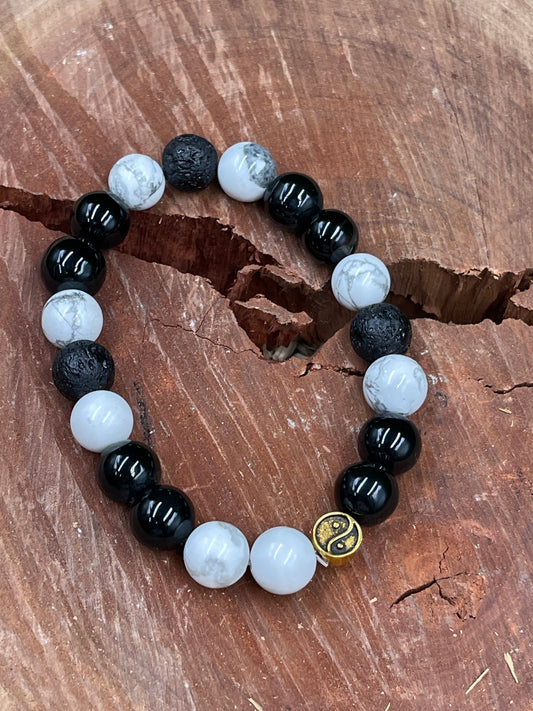 Black Agate & White Howlite Lava Stone Bracelet