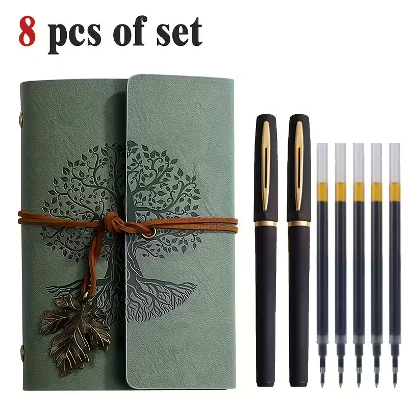 8pcs Vintage Spiral Notebook and Black Golden Pen Set