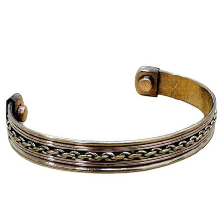 Bronze bracelet with chain details on a white background