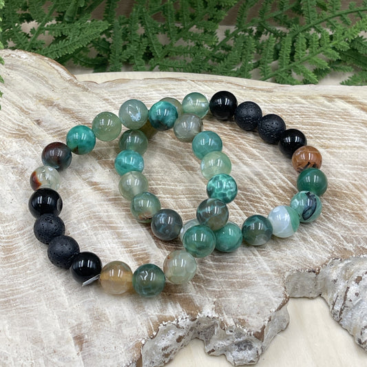 Green Agate Black Agate & Lava Stone Bracelets