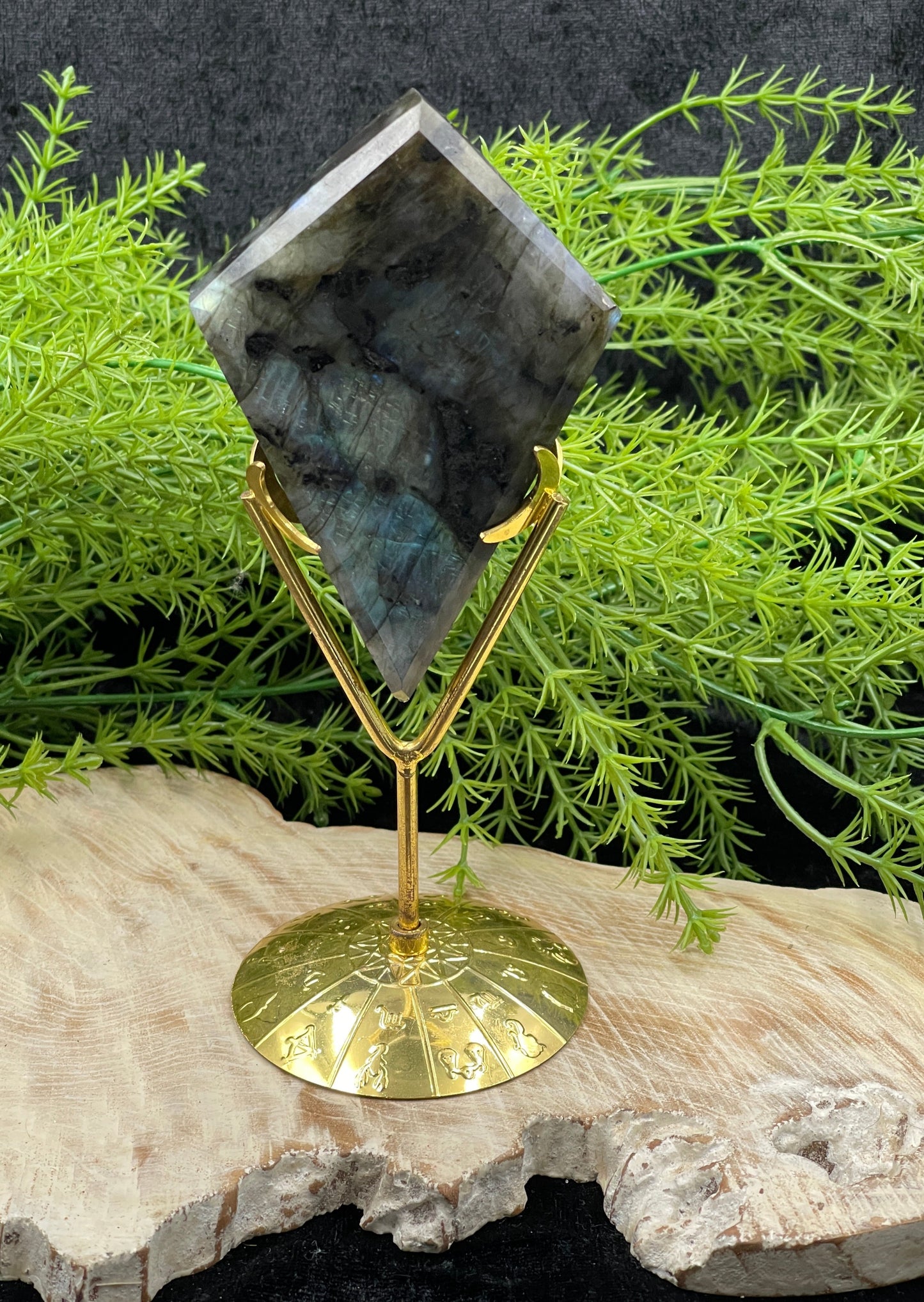 Labradorite Diamond on Gold Stand