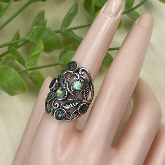 Abalone/Paua Shell 925 Sterling Silver Filigree Leaf Ring