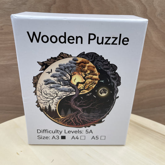 Yin Yang Wooden Puzzle with Sun, Moon, Tree of Life