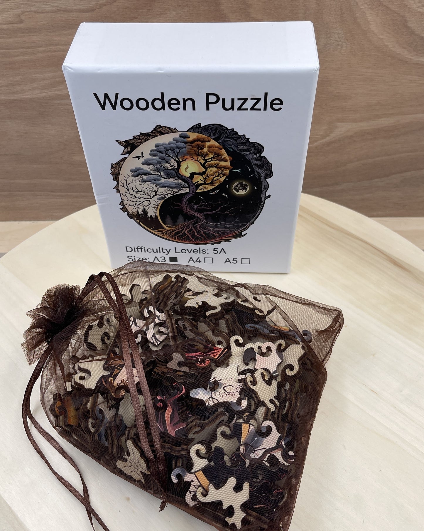 Yin Yang Wooden Puzzle with Sun, Moon, Tree of Life