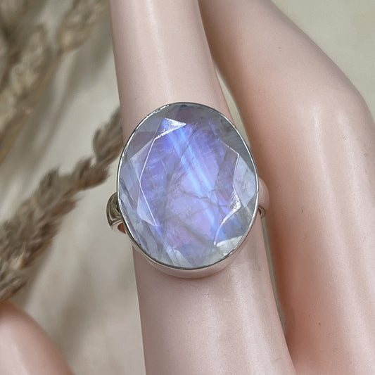 Rainbow Moonstone Faceted Sterling Silver Ring (Size 8)