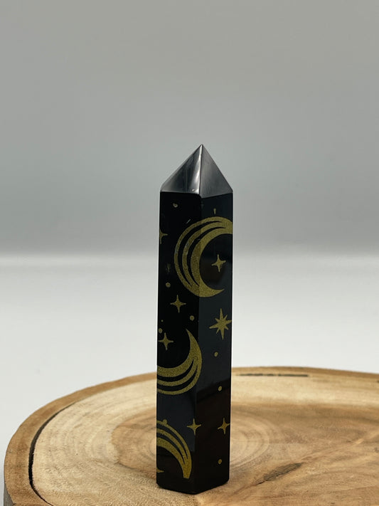 Black Obsidian Point with Gold Moons