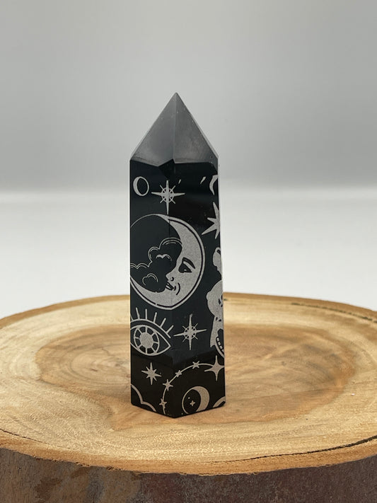 Black Obsidian Point with Silver Designs