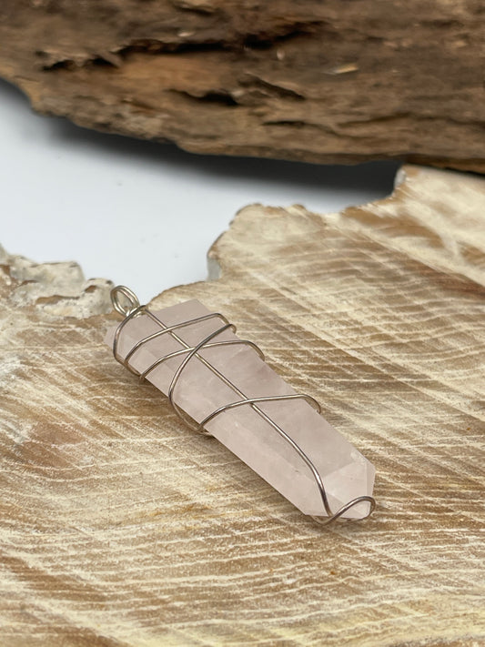 Hand Wrapped Sterling Silver Rose Quartz Pendant