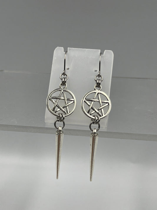 Pentagram and Tibet on Silver Spike Earrings