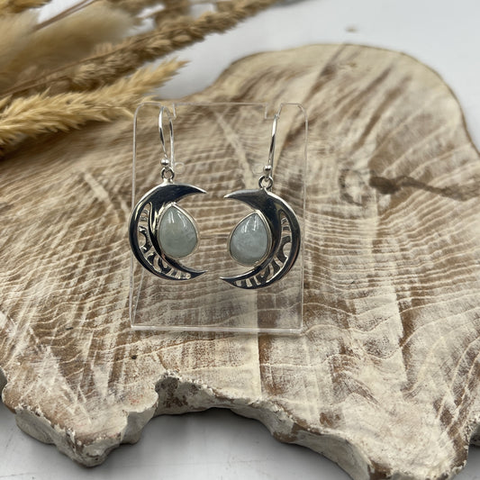 Aquamarine Moon Cresent Sterling Silver Earrings