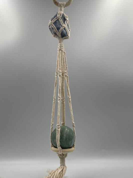 Raw Blue Calcite in Macrame Holder with Jade Sphere