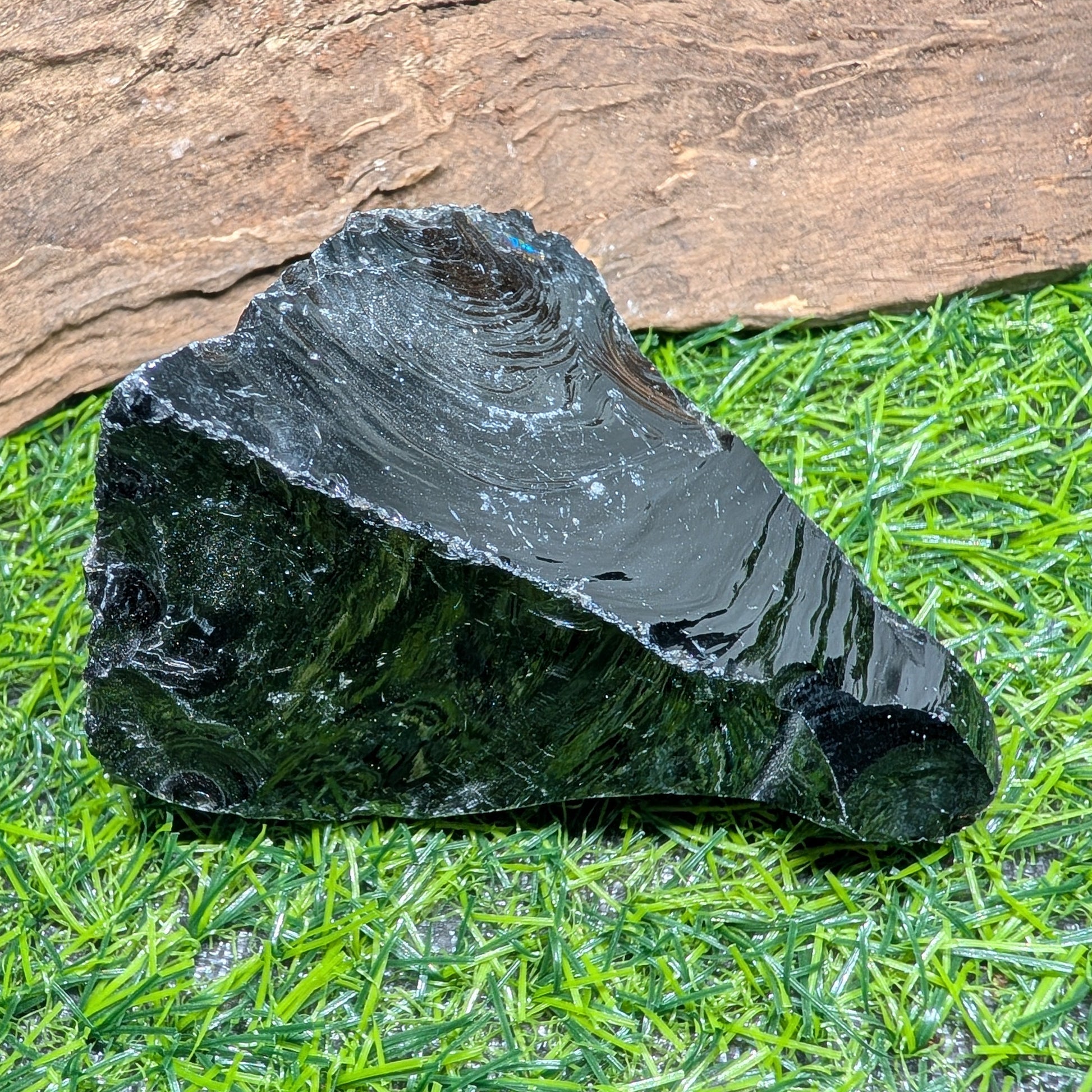 Black stone on grass with a wooden log in the background