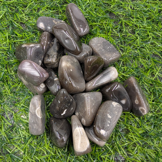 Pile of dark gray stones on green grass