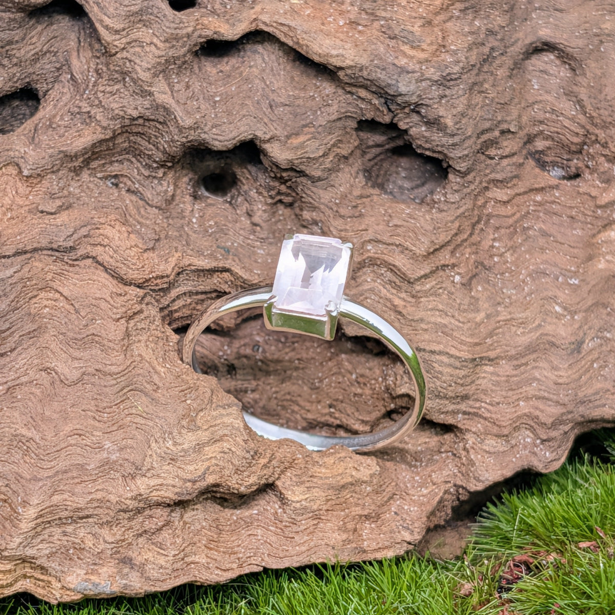 Rose Quartz Sterling Silver Rectangle Cut Ring