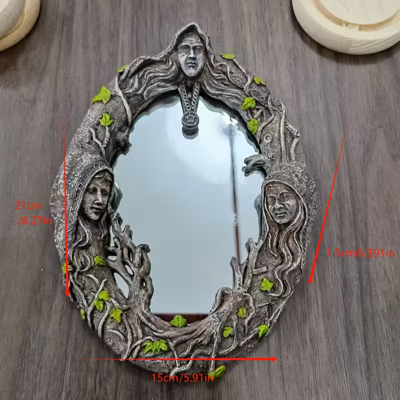 Triple Goddess Mirror] Handcrafted Resin Triple Goddess Mirror with Amulet