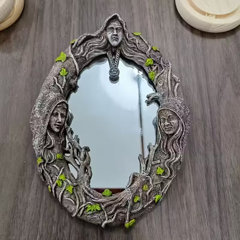 Triple Goddess Mirror] Handcrafted Resin Triple Goddess Mirror with Amulet