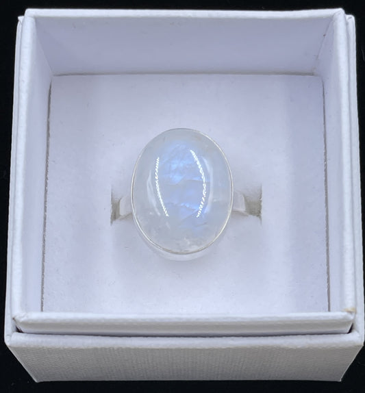Rainbow Moonstone Sterling Silver Ring (Size 9)