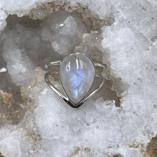 Rainbow Moonstone Teardrop Sterling Silver Ring