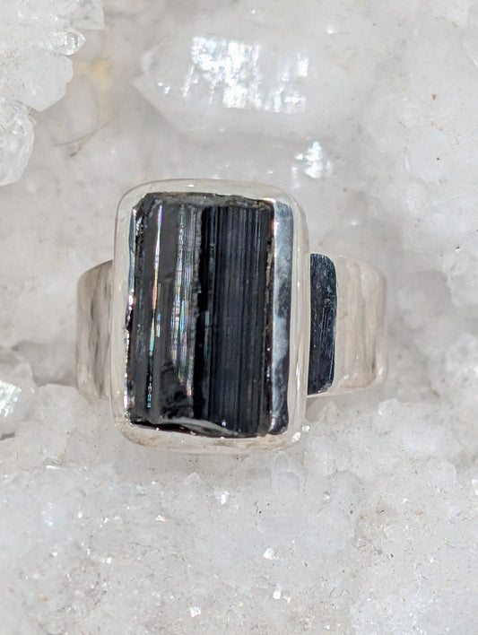Raw Black Tourmaline Sterling Silver Ring