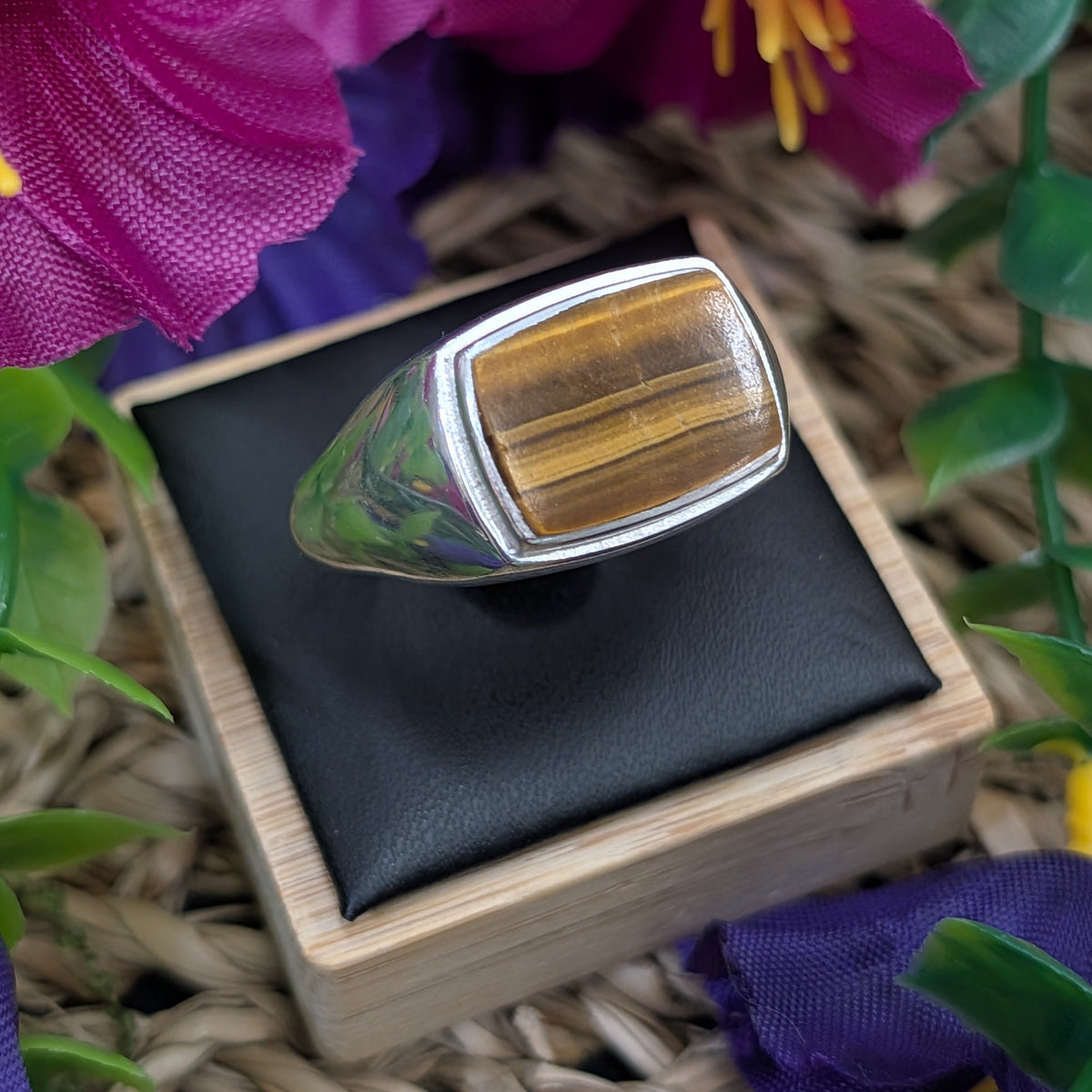 Tiger Eye Sterling Silver Unisex Ring (Size 14)