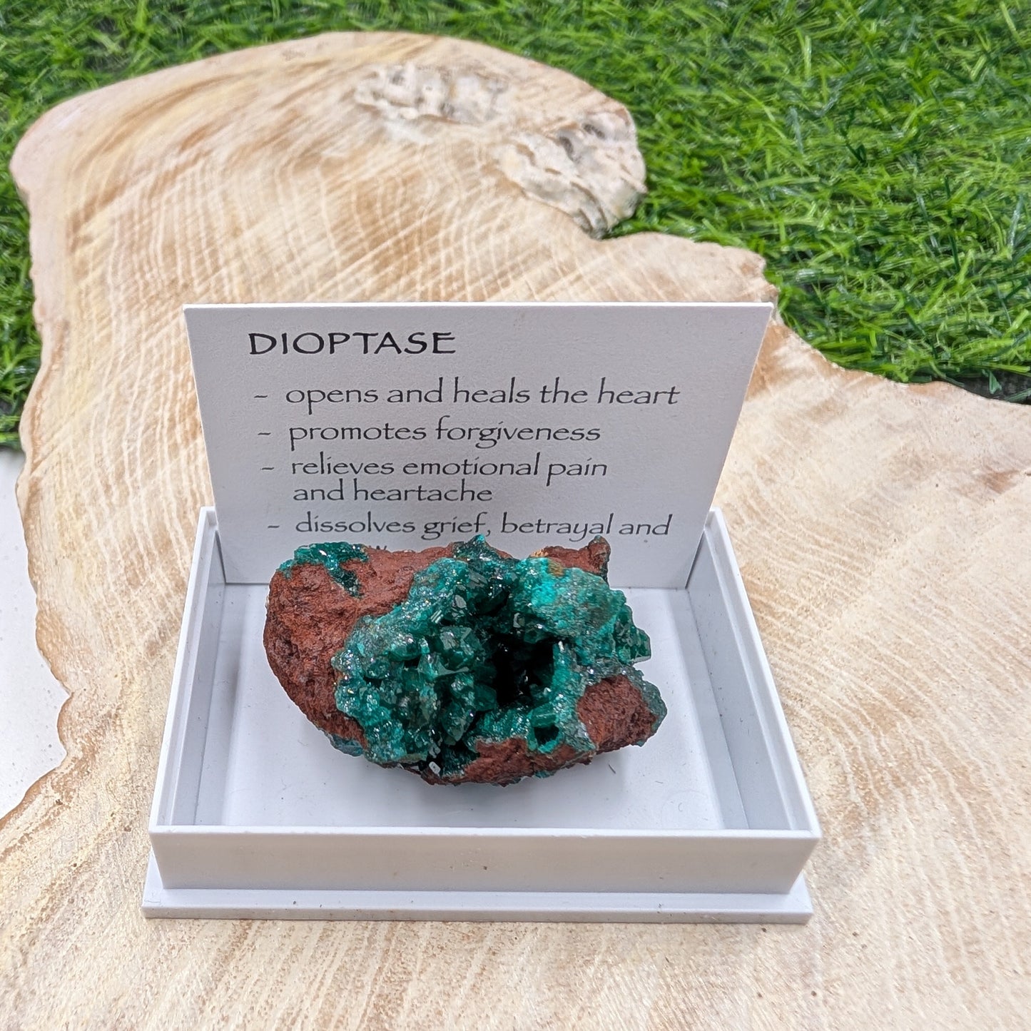 Dioptase crystal in a display box with descriptive card on a wooden surface