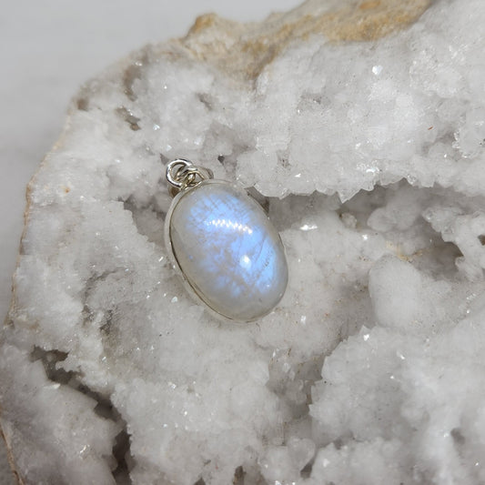 Rainbow Moonstone Oval Pendant Sterling Silver