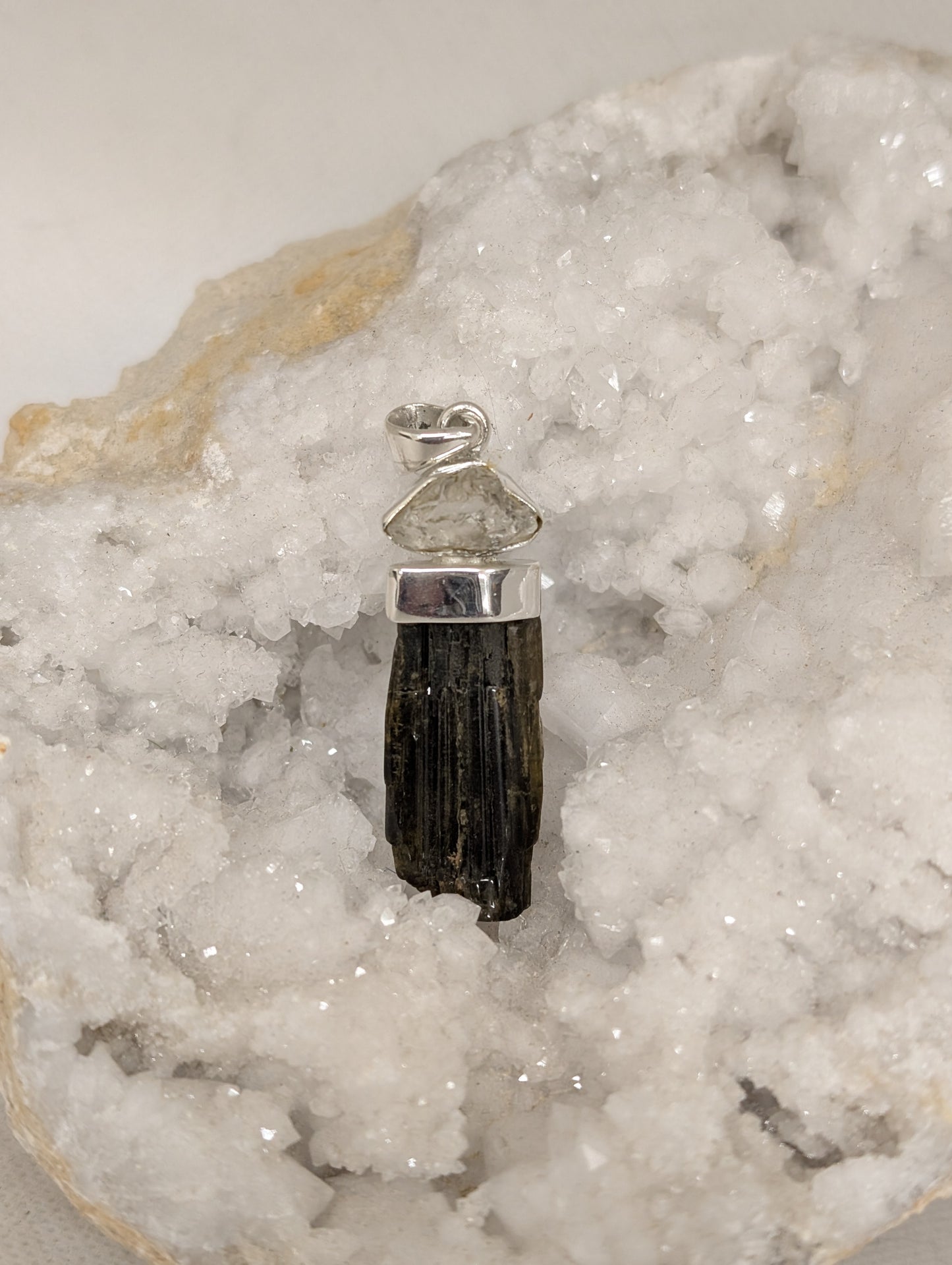 Herkimer Diamond with Raw Green Tourmaline Sterling Silver Pendant