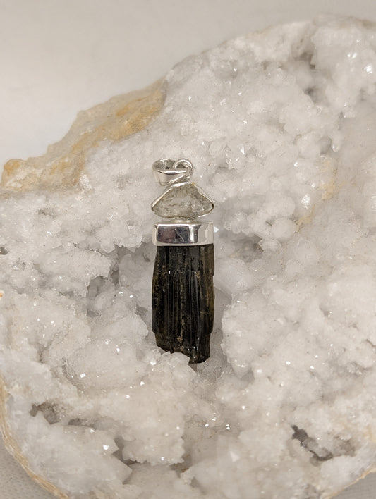 Herkimer Diamond with Raw Green Tourmaline Sterling Silver Pendant
