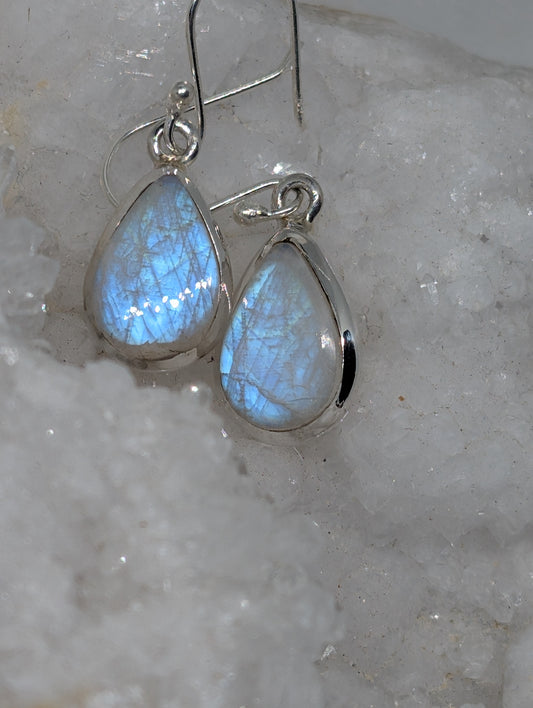 Rainbow Moonstone Raw Sterling Silver Earrings
