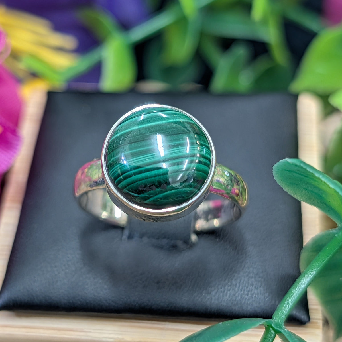 Malachite Sterling Silver Round Ring (Size 7)