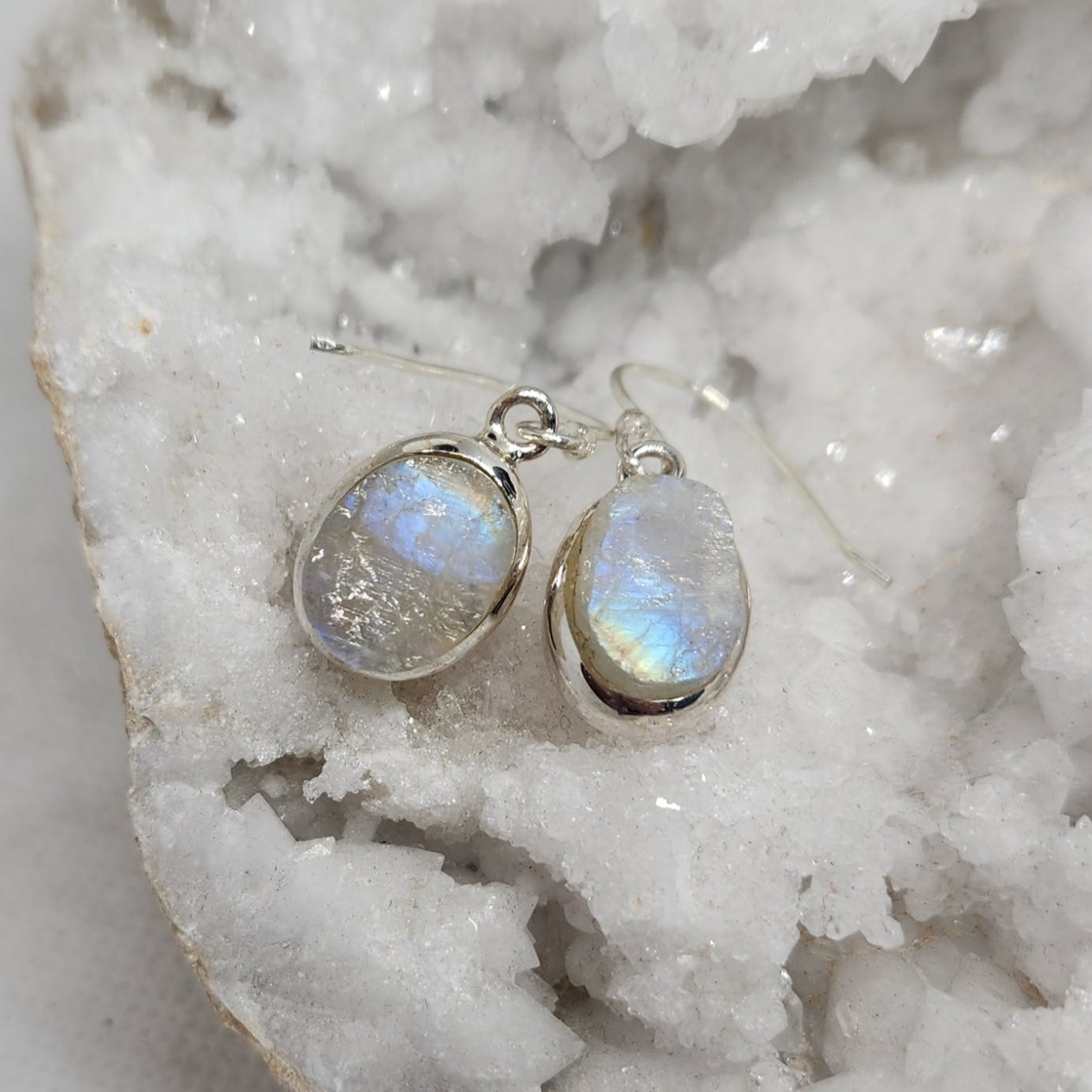 Rainbow Moonstone Raw Sterling Silver Earrings