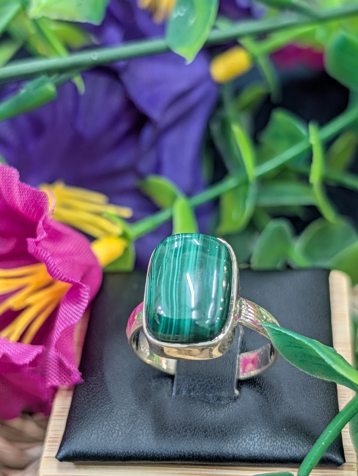 Malachite Sterling Silver Round Rectangle Ring