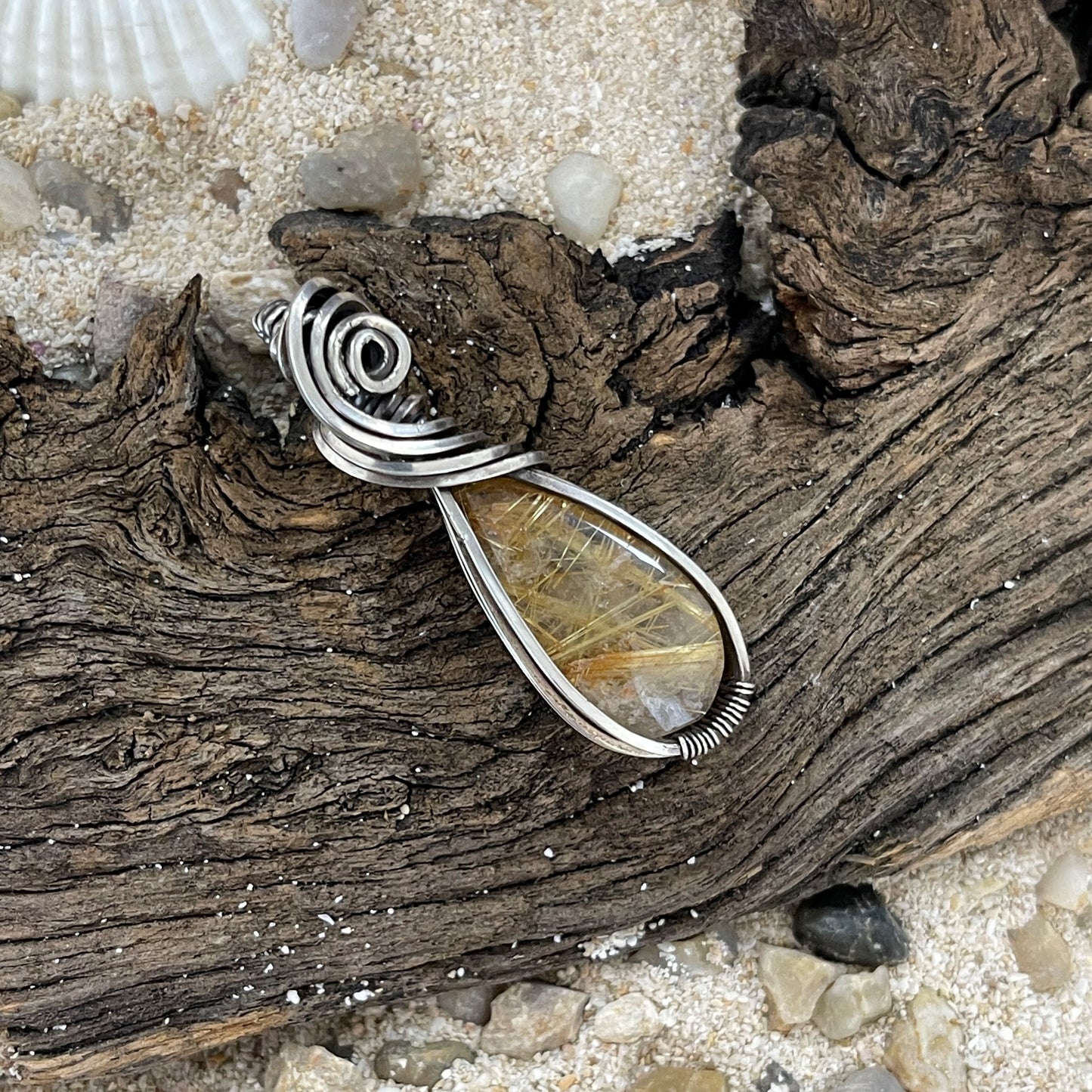 Hand Wrapped Sterling Silver Rutilated Quartz Pendant